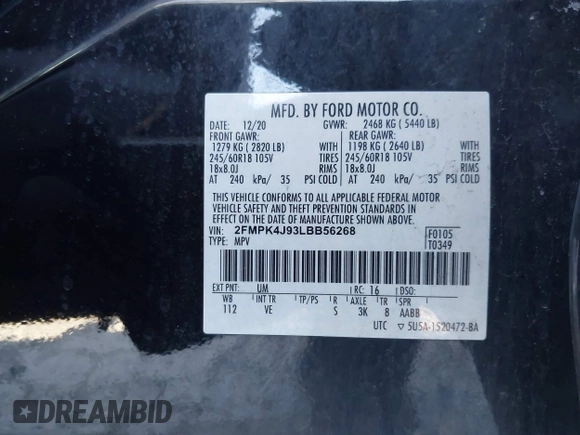 2020 Ford Edge SEL с VIN 2FMPK4J93LBB56268, выставлен на аукционе IAAI как лот 41956878 с пробегом 226 805 миль миль и . История ставок и продаж доступна на DreamBid. Изображение 9.