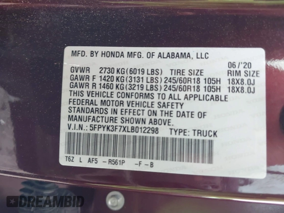 2020 Honda Ridgeline RTL-E with VIN 5FPYK3F7XLB012298, listed as a IAAI auction lot 42230880 with 48,252 mi miles and . Bid and sale history available at DreamBid. Image 9.