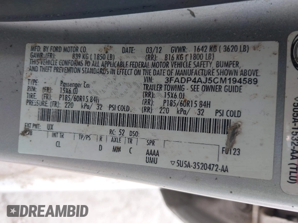 2012 Ford Fiesta S with VIN 3FADP4AJ5CM194589, listed as a IAAI auction lot 41984330 with 135,103 mi miles and . Bid and sale history available at DreamBid. Image 9.