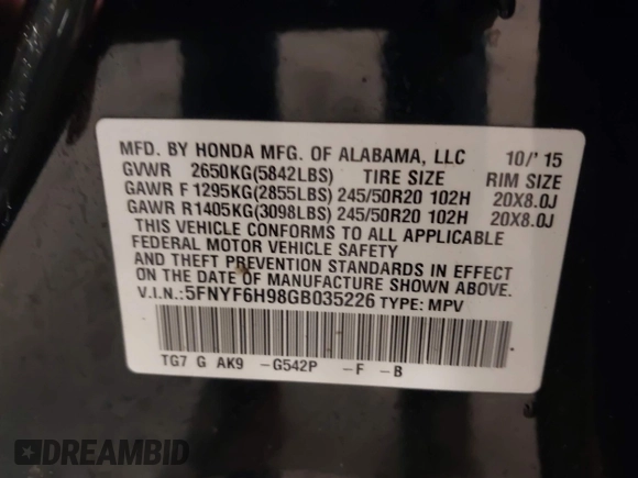 2016 Honda Pilot Touring with VIN 5FNYF6H98GB035226, listed as a IAAI auction lot 42022957 with 103,842 mi miles and . Bid and sale history available at DreamBid. Image 9.