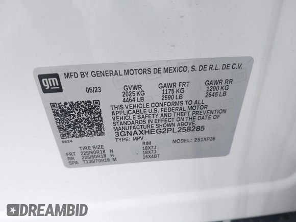2023 Chevrolet Equinox LS z VIN 3GNAXHEG2PL258285, wystawiony jako IAAI lot #42341418 z przebiegiem 5 360 mil mil oraz . Historia ofert i sprzedaży dostępna na DreamBid. Obrazek 9.
