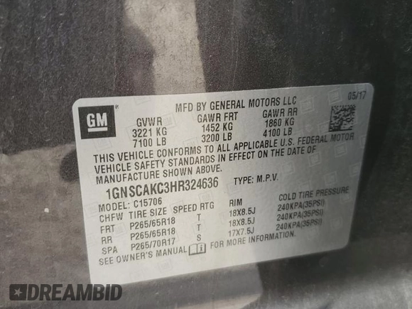 2017 Chevrolet Tahoe LS with VIN 1GNSCAKC3HR324636, listed as a Copart auction lot 49452335 with Not provided miles and Salvage title. Bid and sale history available at DreamBid. Image 14.
