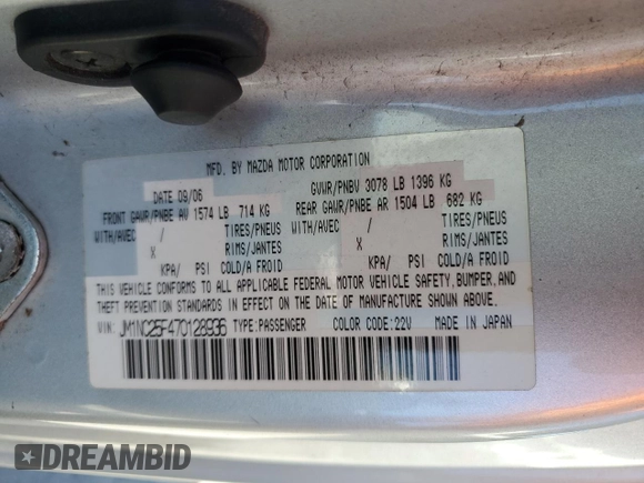 2007 Mazda MX-5 Miata Sport with VIN JM1NC25F470128936, listed as a Copart auction lot 45424585 with 123,910 mi miles and Salvage title. Bid and sale history available at DreamBid. Image 12.