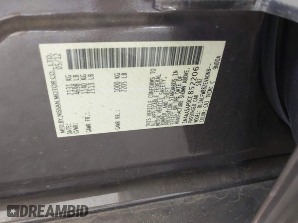 2012 Nissan Maxima S z VIN 1N4AA5AP0CC852206, wystawiony jako IAAI lot #42039174 z przebiegiem Nie podano mil oraz . Historia ofert i sprzedaży dostępna na DreamBid. Obrazek 9.