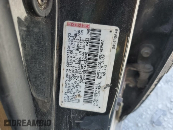 2004 Toyota Corolla CE with VIN JTDBR32EX40052802, listed as a Copart auction lot 55020115 with 239,999 mi miles and Clean Title. Bid and sale history available at DreamBid. Image 12.