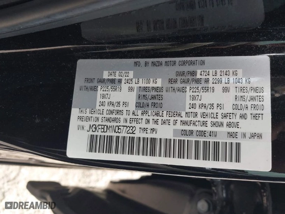 2022 Mazda CX-5 2.5 S Premium Package with VIN JM3KFBDM1N0577232, listed as a IAAI auction lot 41289385 with NaN miles. Bid and sale history available at carsss.com. Image 9.