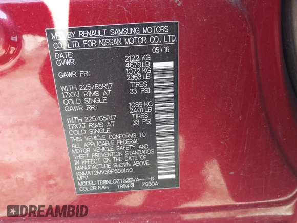 2016 Nissan Rogue SL with VIN KNMAT2MV3GP699140, listed as a IAAI auction lot 41430911 with 129,015 mi miles and . Bid and sale history available at DreamBid. Image 9.