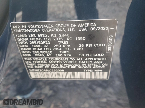 2020 Volkswagen Atlas SEL with VIN 1V2ME2CA6LC232008, listed as a Copart auction lot 84669244 with 82,696 mi miles and Salvage title. Bid and sale history available at DreamBid. Image 13.