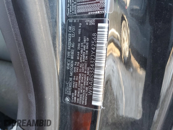 2002 BMW 3 Series 325Ci with VIN WBABS33432JY42568, listed as a Copart auction lot 46232065 with 91,310 mi miles and Salvage Title. Bid and sale history available at carsss.com. Image 12.