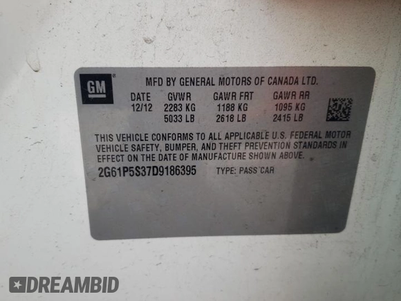 2013 Cadillac XTS Luxury with VIN 2G61P5S37D9186395, listed as a Copart auction lot 56859015 with 132,458 mi miles and Salvage title. Bid and sale history available at DreamBid. Image 12.