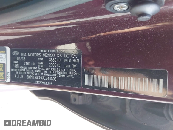 2018 Kia Forte LX with VIN 3KPFL4A79JE244503, listed as a IAAI auction lot 41955997 with 197,195 mi miles. Bid and sale history available at carsss.com. Image 9.