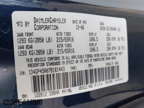 2007 Dodge Caravan SXT with VIN 1D4GP45R07B161443, listed as a IAAI auction lot 41829566 with 83,810 mi miles and . Bid and sale history available at carsss.com. Image 9.