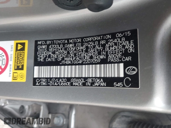 2015 Lexus ES 330 with VIN JTHBK1GG4F2207059, listed as a IAAI auction lot 42522324 with 146,506 mi miles and . Bid and sale history available at DreamBid. Image 9.