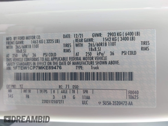 2021 Ford F-150 XL with VIN 1FTEW1CP7MKE89476, listed as a IAAI auction lot 42299954 with 152,473 mi miles and . Bid and sale history available at DreamBid. Image 9.