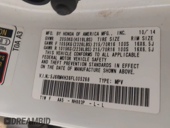 2015 Honda CR-V LX with VIN 5J6RM4H36FL005268, listed as a IAAI auction lot 42101431 with 179,411 mi miles and . Bid and sale history available at DreamBid. Image 9.