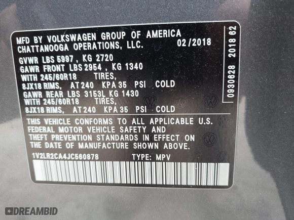2018 Volkswagen Atlas 3.6L V6 SE with VIN 1V2LR2CA4JC560878, listed as a IAAI auction lot 42064189 with 142,834 mi miles. Bid and sale history available at carsss.com. Image 9.