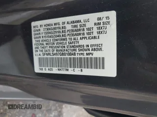 2016 Honda Odyssey Touring Elite with VIN 5FNRL5H97GB010048, listed as a IAAI auction lot 40212711 with 119,009 mi miles and . Bid and sale history available at DreamBid. Image 9.