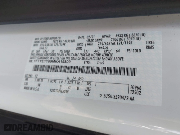 2021 Ford Transit Cargo z VIN 1FTYE1Y89MKA16809, wystawiony jako IAAI lot #41643195 z przebiegiem 7 407 mil mil oraz . Historia ofert i sprzedaży dostępna na DreamBid. Obrazek 9.