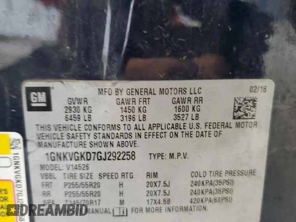 2016 Chevrolet Traverse LT with VIN 1GNKVGKD7GJ292258, listed as a Copart auction lot 52414465 with 110,318 mi miles and Salvage Title. Bid and sale history available at DreamBid. Image 14.