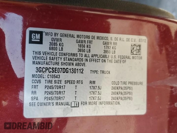 2013 Chevrolet Silverado 1500 LT with VIN 3GCPCSE07DG130112, listed as a Copart auction lot 52251385 with 237,045 mi miles and Salvage Title. Bid and sale history available at DreamBid. Image 12.