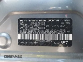 2020 Mitsubishi Outlander Sport ES 2.0 with VIN JA4AR3AU8LU018105, listed as a IAAI auction lot 41919219 with 84,057 mi miles. Bid and sale history available at carsss.com. Image 9.
