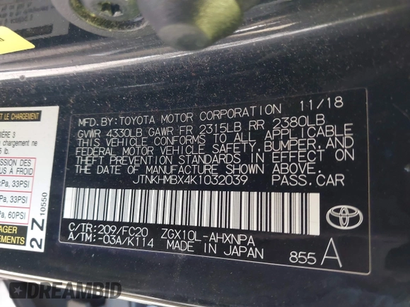 2019 Toyota C-HR XLE with VIN JTNKHMBX4K1032039, listed as a IAAI auction lot 41365721 with 96,194 mi miles. Bid and sale history available at carsss.com. Image 9.