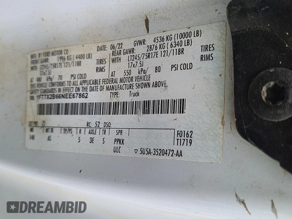 2022 Ford F-250 XL с VIN 1FT7X2B66NEE67862, выставлен на аукционе IAAI как лот 42610485 с пробегом 98 005 миль миль и . История ставок и продаж доступна на DreamBid. Изображение 16.