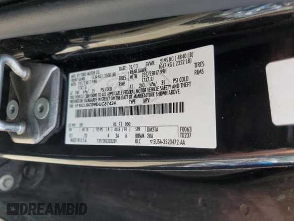 2013 Ford Escape SE с VIN 1FMCU9G99DUC87424, выставлен на аукционе Copart как лот 63191505 с пробегом 156 278 миль миль и Чистый • Clean title. История ставок и продаж доступна на DreamBid. Изображение 13.