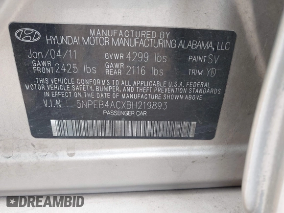 2011 Hyundai Sonata GLS with VIN 5NPEB4ACXBH219893, listed as a IAAI auction lot 41542687 with 153,625 mi miles. Bid and sale history available at carsss.com. Image 9.