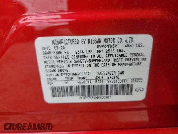 2021 Infiniti Q50 Sensory with VIN JN1EV7CP4MM700307, listed as a Copart auction lot 67297684 with Not provided miles and Non repairable. Bid and sale history available at DreamBid. Image 13.