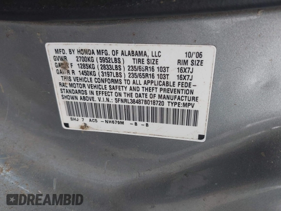 2007 Honda Odyssey EX with VIN 5FNRL38487B018720, listed as a IAAI auction lot 42041940 with 388,509 mi miles and . Bid and sale history available at DreamBid. Image 9.