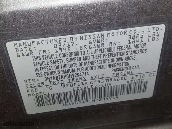 2017 Nissan Sentra SV with VIN 3N1AB7AP5HY294714, listed as a IAAI auction lot 41986909 with 171,932 mi miles. Bid and sale history available at carsss.com. Image 9.