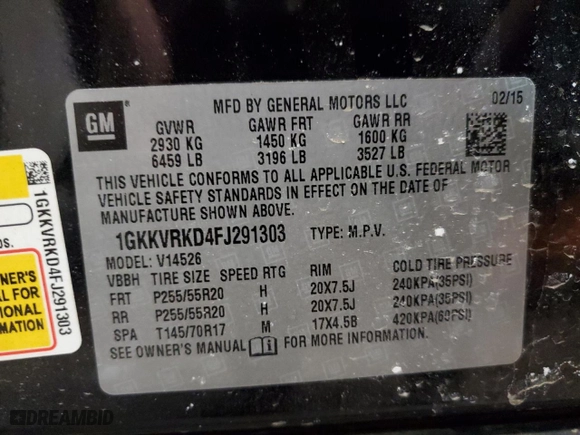 2015 GMC Acadia SLT with VIN 1GKKVRKD4FJ291303, listed as a Copart auction lot 44455675 with 125,260 mi miles and Salvage Title. Bid and sale history available at carsss.com. Image 13.