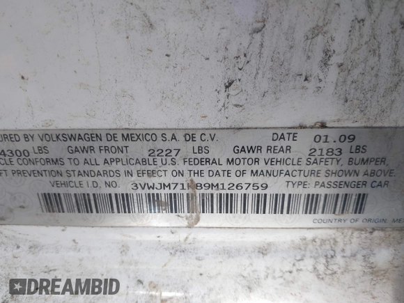 2009 Volkswagen Jetta S с VIN 3VWJM71K89M126759, выставлен на аукционе IAAI как лот 41089190 с пробегом 217 559 миль миль и . История ставок и продаж доступна на DreamBid. Изображение 9.
