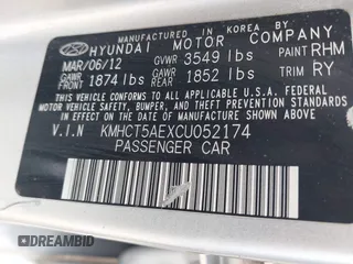 2012 Hyundai Accent GS with VIN KMHCT5AEXCU052174, listed as a IAAI auction lot 42448720 with 278,451 mi miles and . Bid and sale history available at DreamBid. Image 9.