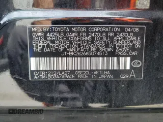 2008 Lexus IS 250 with VIN JTHBK262685074513, listed as a Copart auction lot 48757595 with 161,433 mi miles and Salvage Title. Bid and sale history available at DreamBid. Image 12.