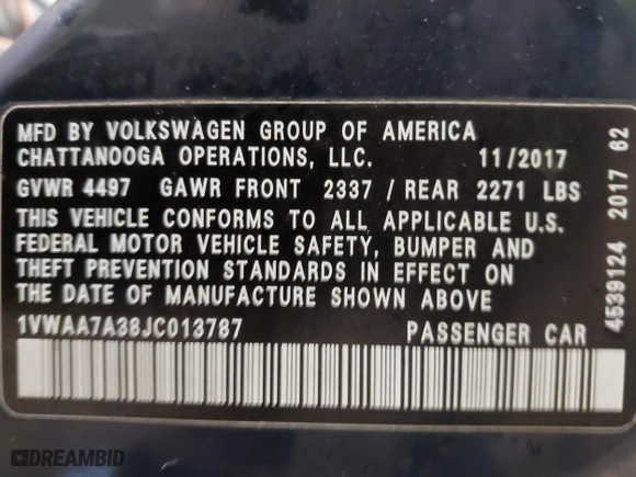 2018 Volkswagen Passat 2.0T S with VIN 1VWAA7A38JC013787, listed as a IAAI auction lot 41587362 with 127,970 mi miles. Bid and sale history available at carsss.com. Image 9.