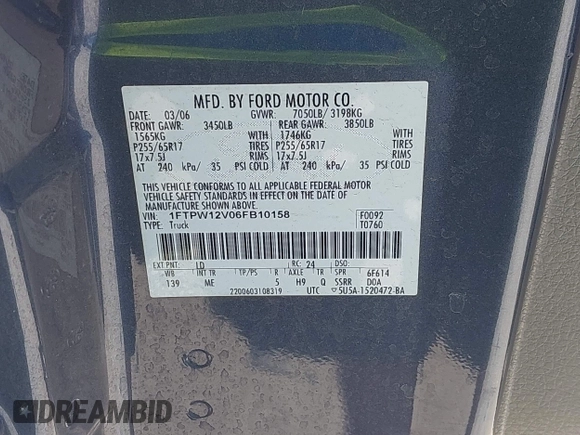 2006 Ford F-150 XLT with VIN 1FTPW12V06FB10158, listed as a IAAI auction lot 42458771 with 272,927 mi miles and . Bid and sale history available at DreamBid. Image 9.