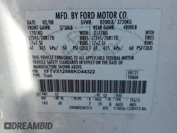 2008 Ford F-150 XL with VIN 1FTVX12588KD44322, listed as a Copart auction lot 73858284 with Not provided miles and Non repairable. Bid and sale history available at DreamBid. Image 13.