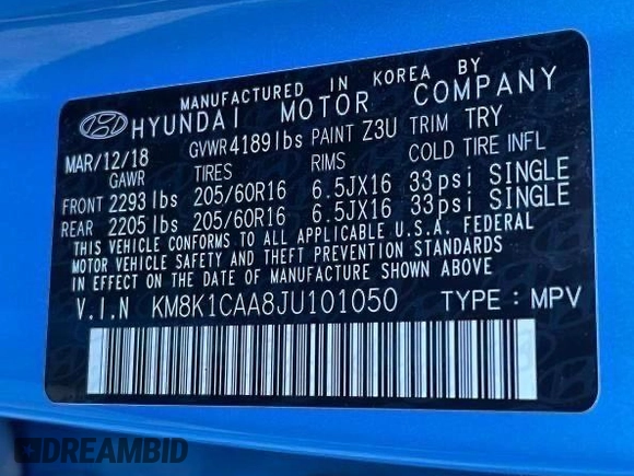 2018 Hyundai Kona SE with VIN KM8K1CAA8JU101050, listed as a IAAI auction lot 41617412 with 10,179 mi miles. Bid and sale history available at carsss.com. Image 8.