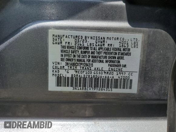 2023 Nissan Sentra SV z VIN 3N1AB8CV7PY284315, wystawiony jako Copart lot #58055105 z przebiegiem 53 915 mil mil oraz Nie do naprawy • Non repairable. Historia ofert i sprzedaży dostępna na DreamBid. Obrazek 12.