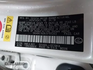 2018 Lexus ES with VIN 58ABK1GG8JU105203, listed as a IAAI auction lot 41764259 with 77,550 mi miles. Bid and sale history available at carsss.com. Image 9.