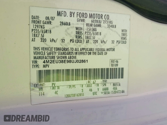 2008 Mercury Mountaineer Premier with VIN 4M2EU38E98UJ02861, listed as a IAAI auction lot 41984076 with 159,036 mi miles and . Bid and sale history available at DreamBid. Image 9.