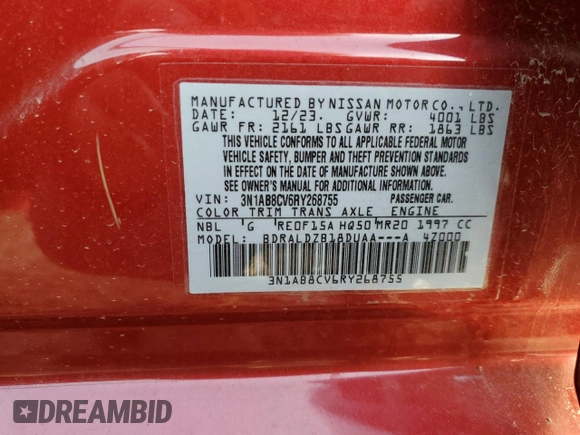 2024 Nissan Sentra SV with VIN 3N1AB8CV6RY268755, listed as a Copart auction lot 51936315 with 4,301 mi miles and Non Repairable. Bid and sale history available at DreamBid. Image 14.