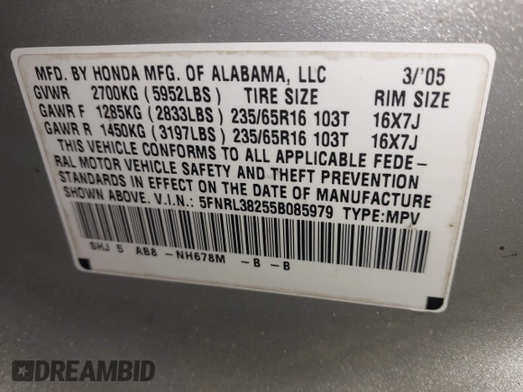 2005 Honda Odyssey LX with VIN 5FNRL38255B085979, listed as a IAAI auction lot 41971745 with 161,170 mi miles. Bid and sale history available at carsss.com. Image 9.