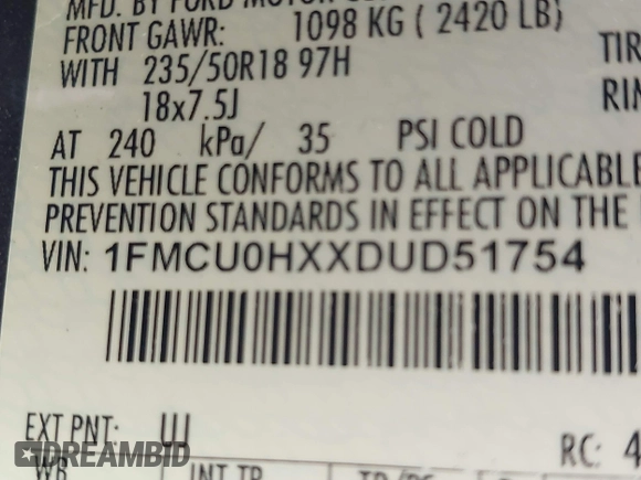 2013 Ford Escape SEL with VIN 1FMCU0HXXDUD51754, listed as a IAAI auction lot 42696434 with 145,705 mi miles and . Bid and sale history available at DreamBid. Image 9.