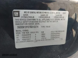2007 Chevrolet Silverado 1500 LTZ with VIN 3GCEK13Y27G512274, listed as a IAAI auction lot 41793222 with 165,163 mi miles. Bid and sale history available at carsss.com. Image 9.