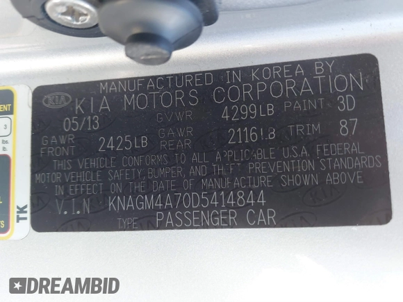 2013 Kia Optima LX z VIN KNAGM4A70D5414844, wystawiony jako IAAI lot #41774246 z przebiegiem 180 332 mil mil oraz . Historia ofert i sprzedaży dostępna na DreamBid. Obrazek 9.