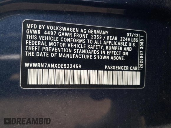 2013 Volkswagen CC Lux z VIN WVWRN7ANXDE522459, wystawiony jako Copart lot #82411654 z przebiegiem 114 539 mil mil oraz Szkoda całkowita • Salvage title. Historia ofert i sprzedaży dostępna na DreamBid. Obrazek 12.