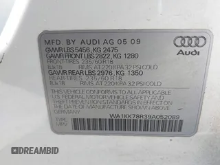 2009 Audi Q5 Premium Plus with VIN WA1KK78R39A052089, listed as a IAAI auction lot 42465851 with 142,913 mi miles and . Bid and sale history available at DreamBid. Image 9.